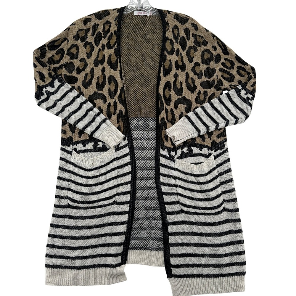 Jess Lea Open Front Cardigan Animal Leopard Print Mob Wife Stripe Sweater S/M